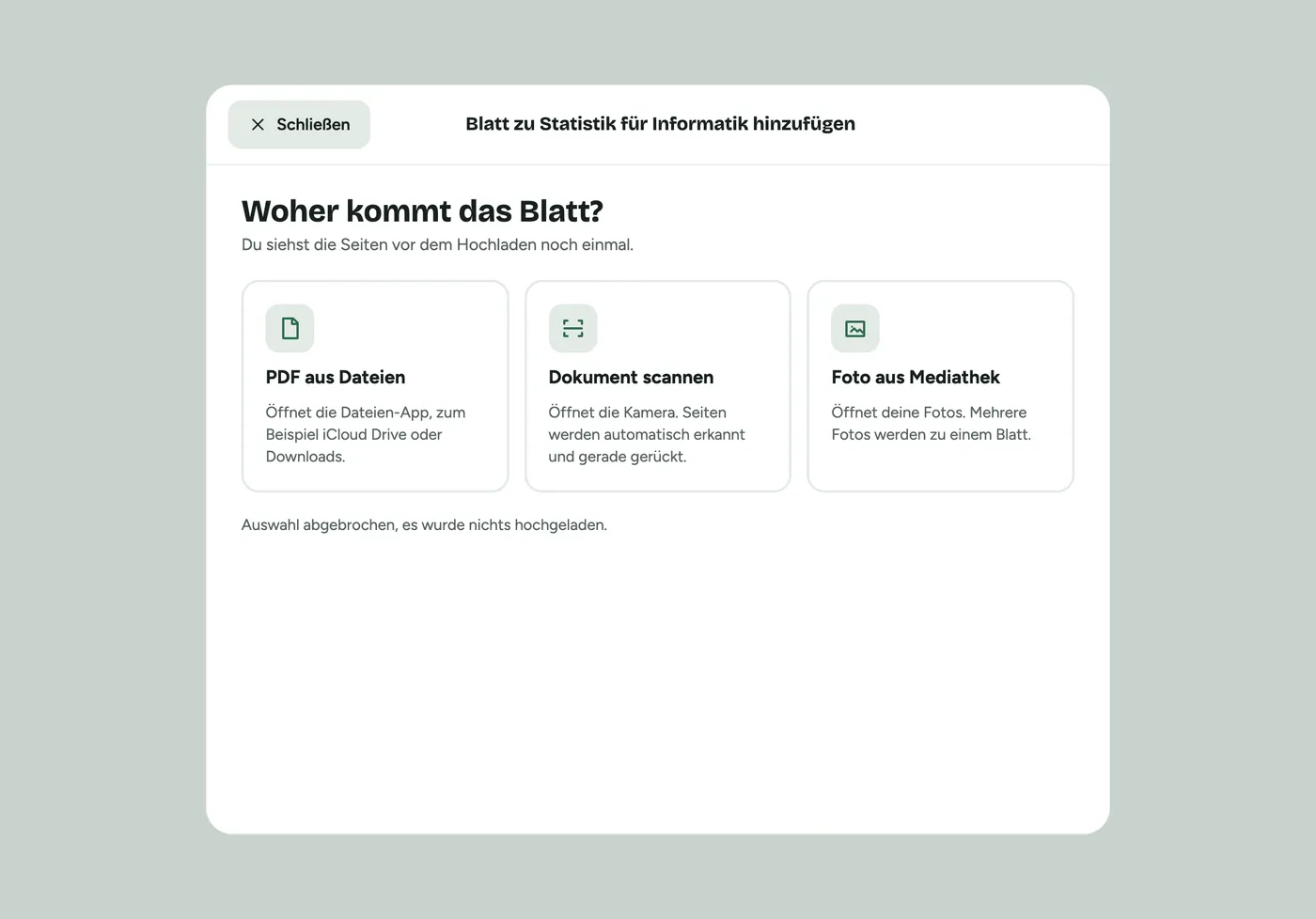 Handrail-Dialog „Woher kommt das Blatt?“ mit den Optionen PDF aus Dateien, Dokument scannen und Foto aus Mediathek